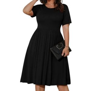 Fit And Flare Midi Dress Black Short Sleeve Stretch Round Neck 3X